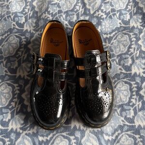 Black Leather Heart Design Mary Janes with gold Buckles